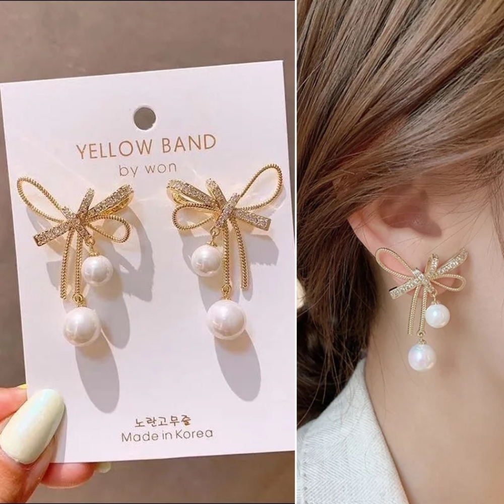 Vintage Korean Rhinestone Pearl Bow Drop Earrings